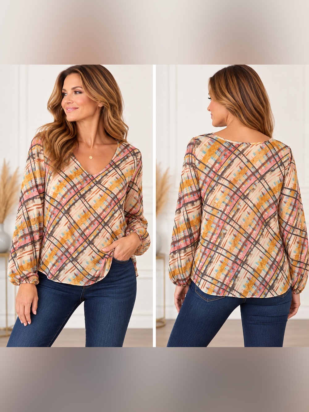 Charlie B Silk Blend Abstract Plaid Blouse Medium Made in Italy